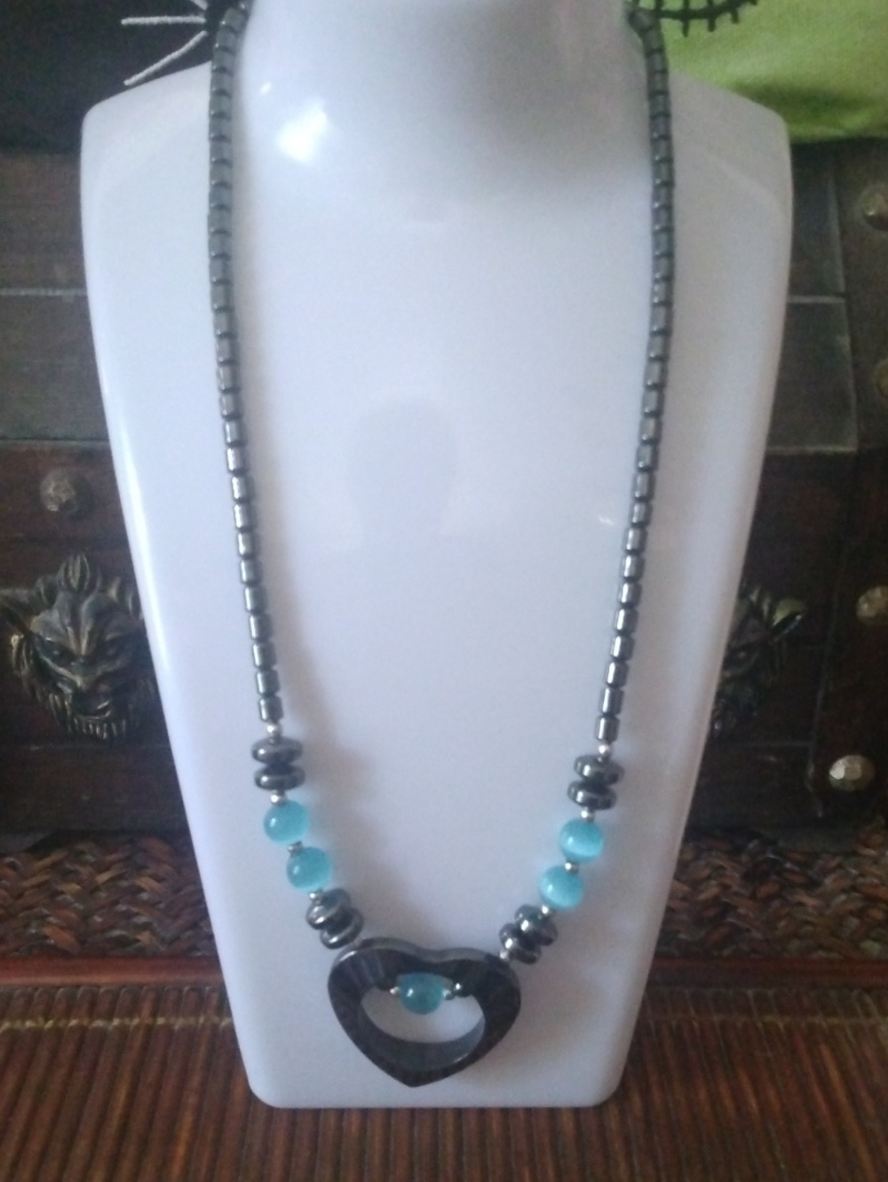 Hematite and Aqua Beaded Heart Pendant Necklace
